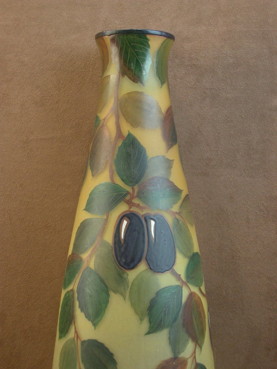 Important vase Art Déco en verre émaillé signé Leune-photo-2