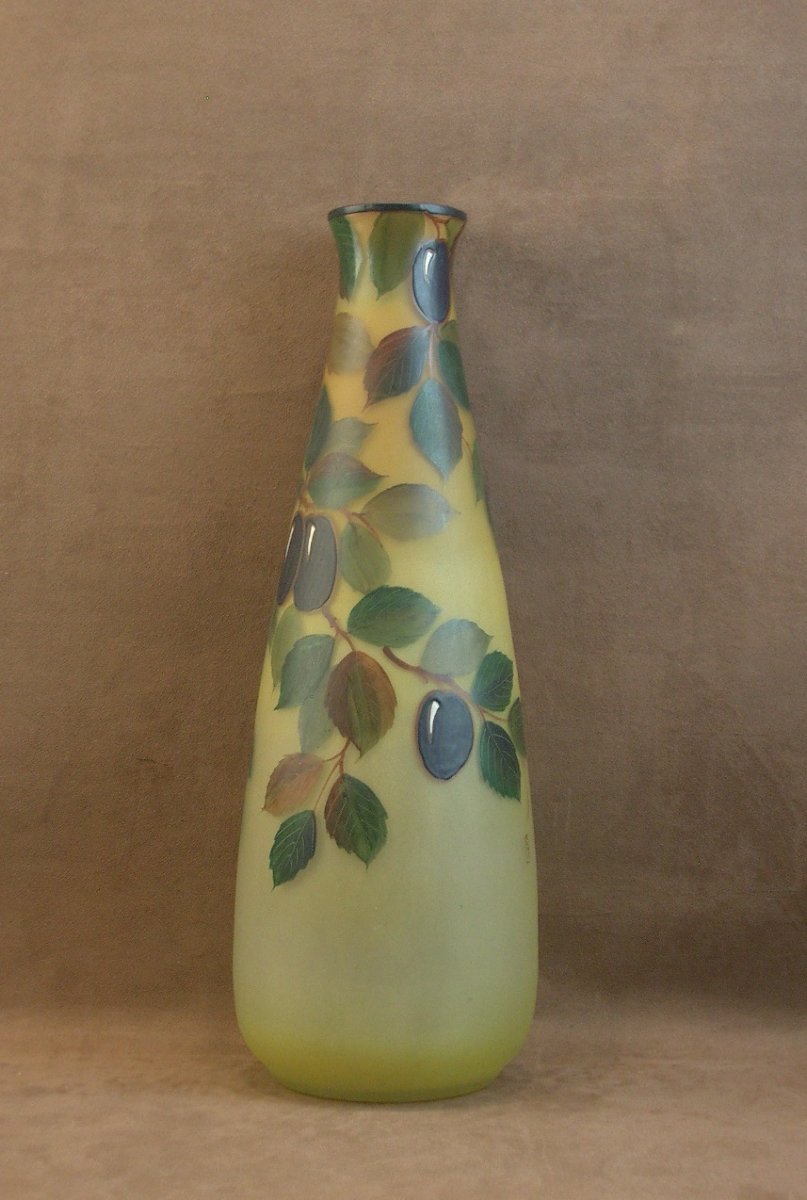 Important vase Art Déco en verre émaillé signé Leune-photo-4