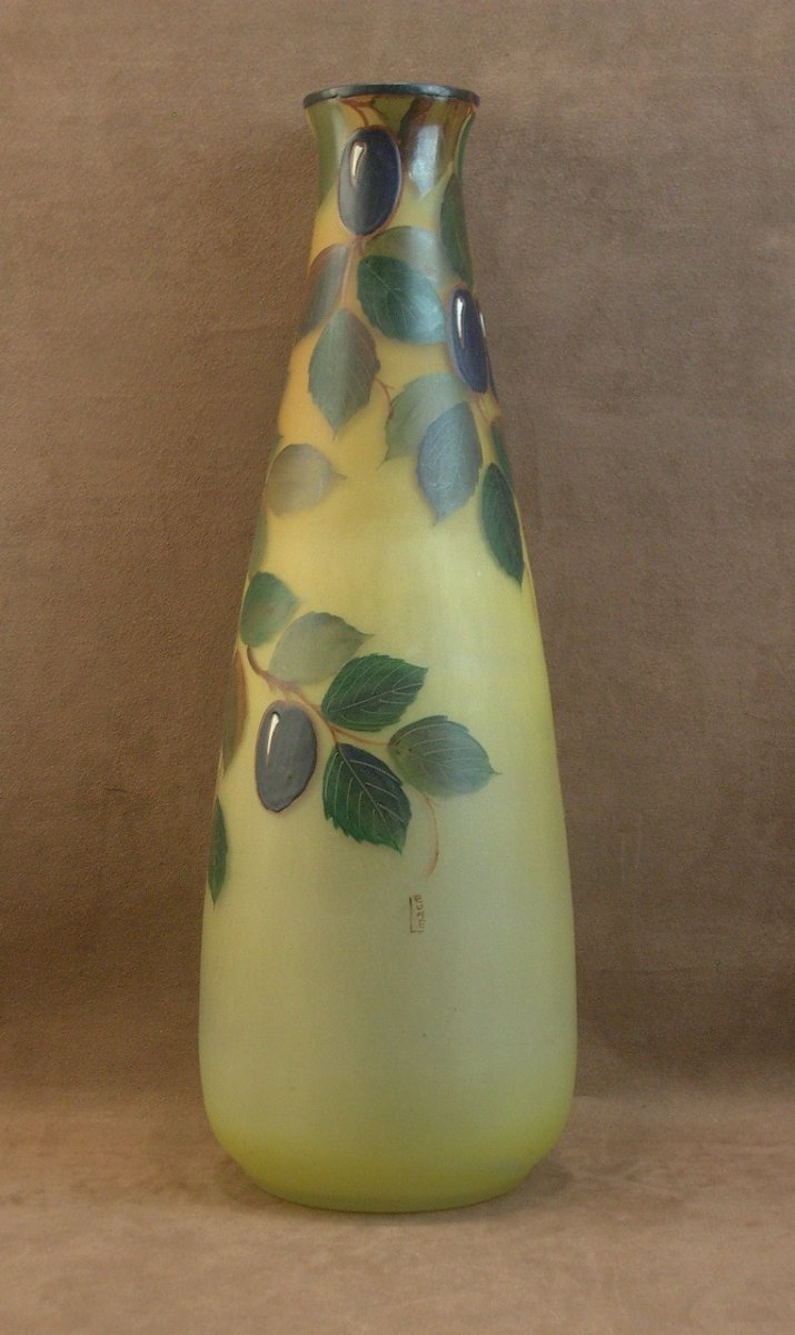Important vase Art Déco en verre émaillé signé Leune-photo-2