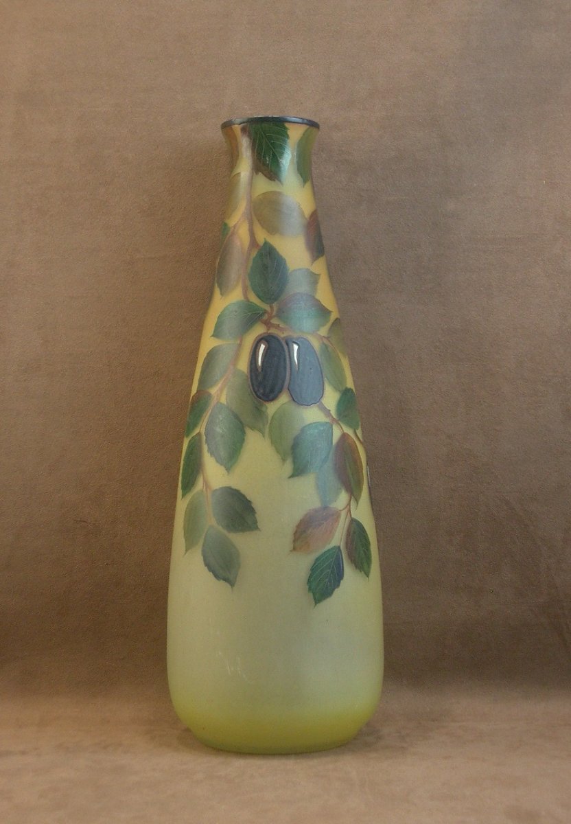 Important vase Art Déco en verre émaillé signé Leune