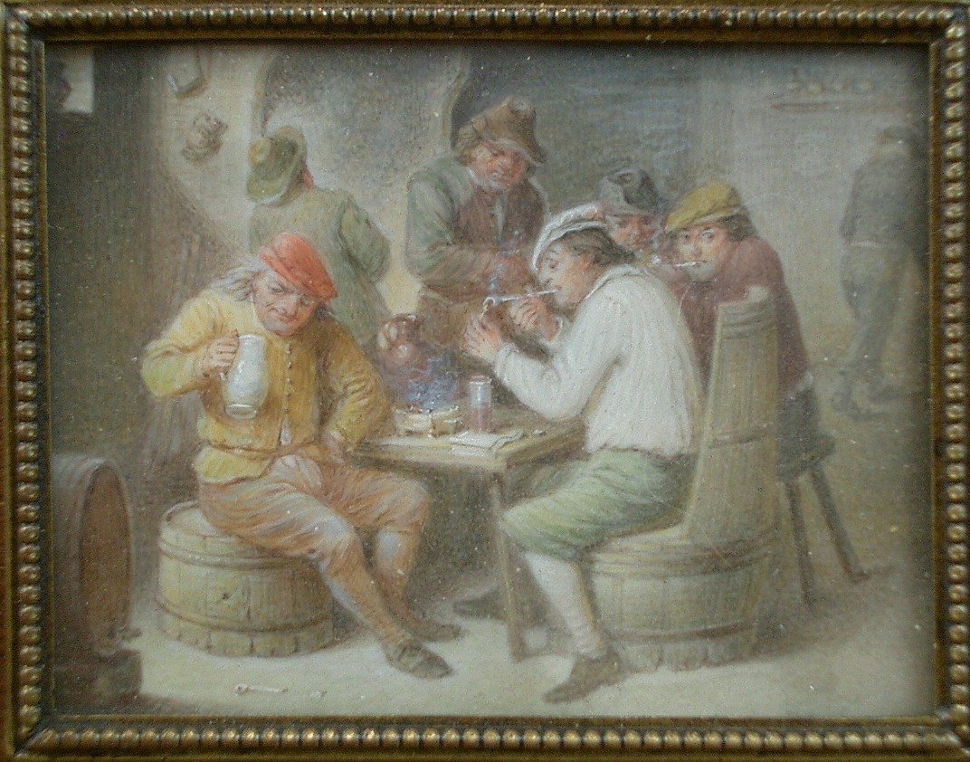 Pair Of Miniature Paintings, Tavern Scene In The Flemish School, Late 19th Century -photo-3