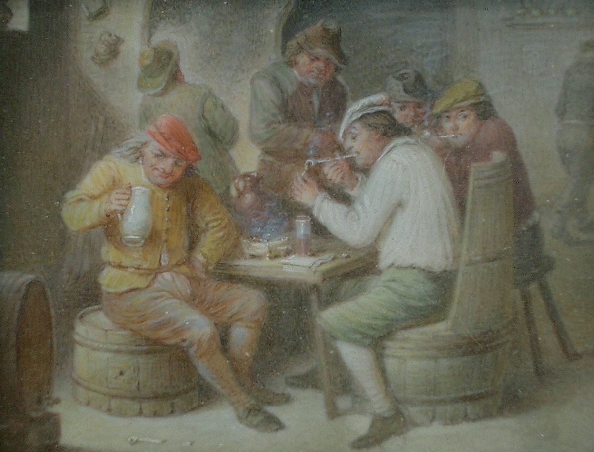 Pair Of Miniature Paintings, Tavern Scene In The Flemish School, Late 19th Century -photo-4