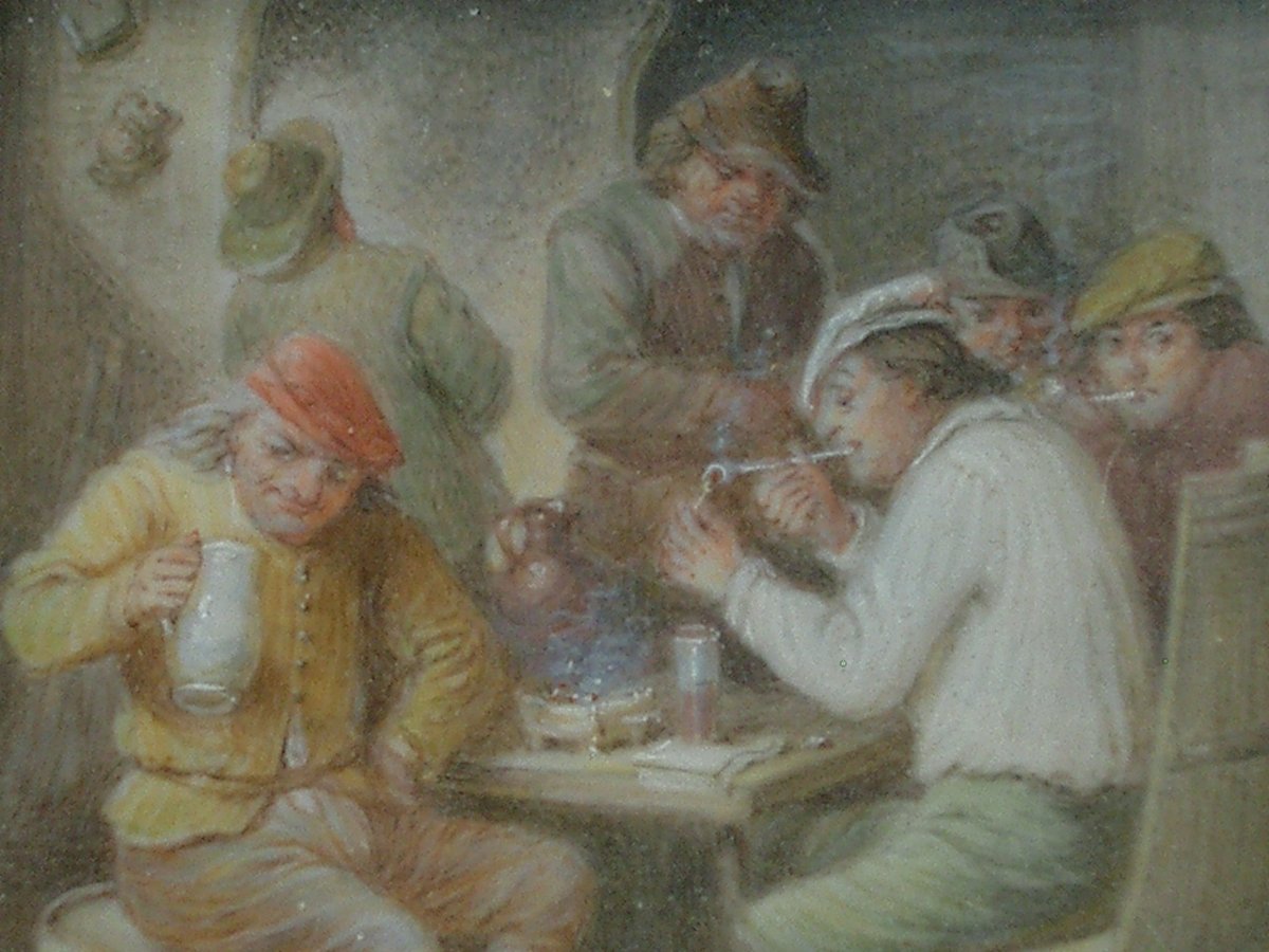 Pair Of Miniature Paintings, Tavern Scene In The Flemish School, Late 19th Century -photo-1