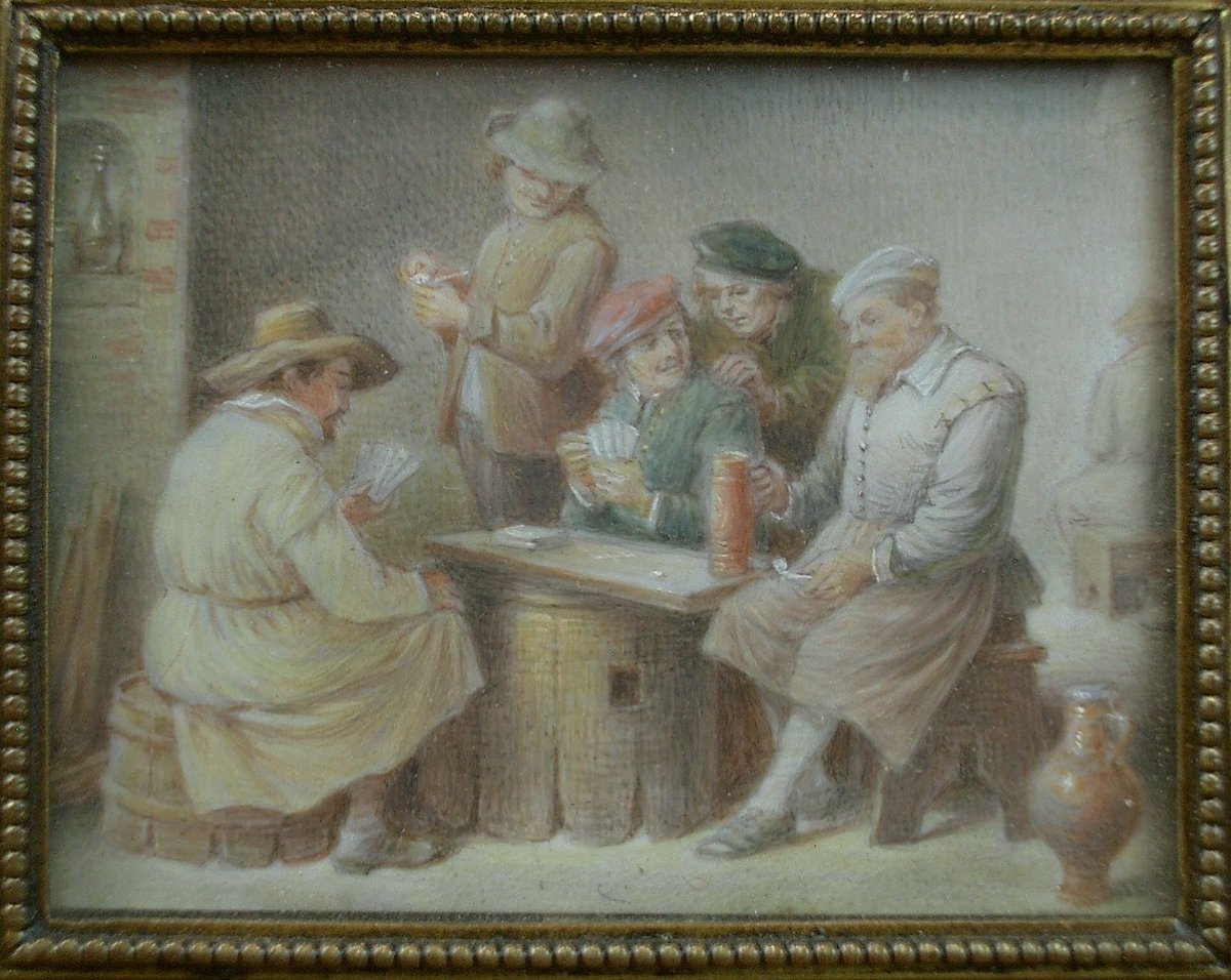 Pair Of Miniature Paintings, Tavern Scene In The Flemish School, Late 19th Century -photo-3