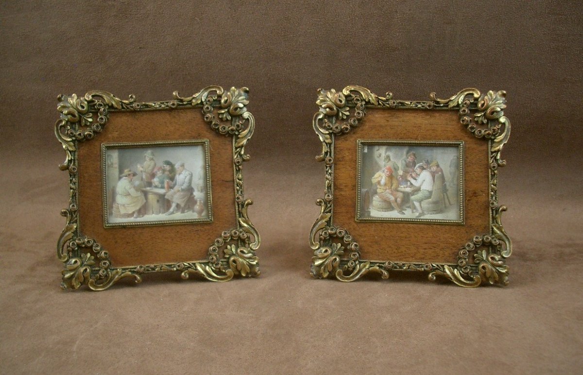 Pair Of Miniature Paintings, Tavern Scene In The Flemish School, Late 19th Century 