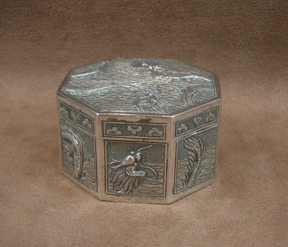Octagonal Solid Silver Box With Dragon Design, China