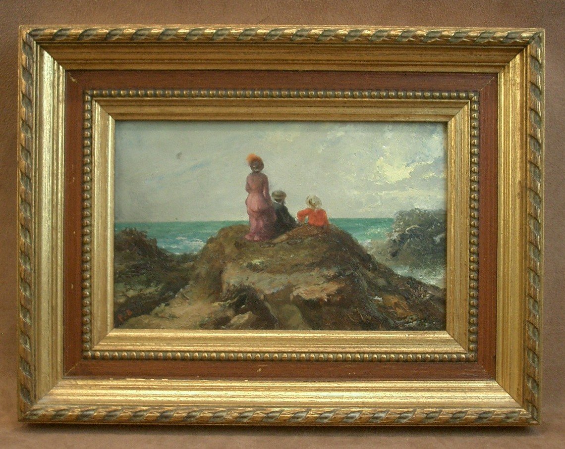 Peinture ancienne, huile sur panneau, fin du XIXe contemplation marine -photo-2