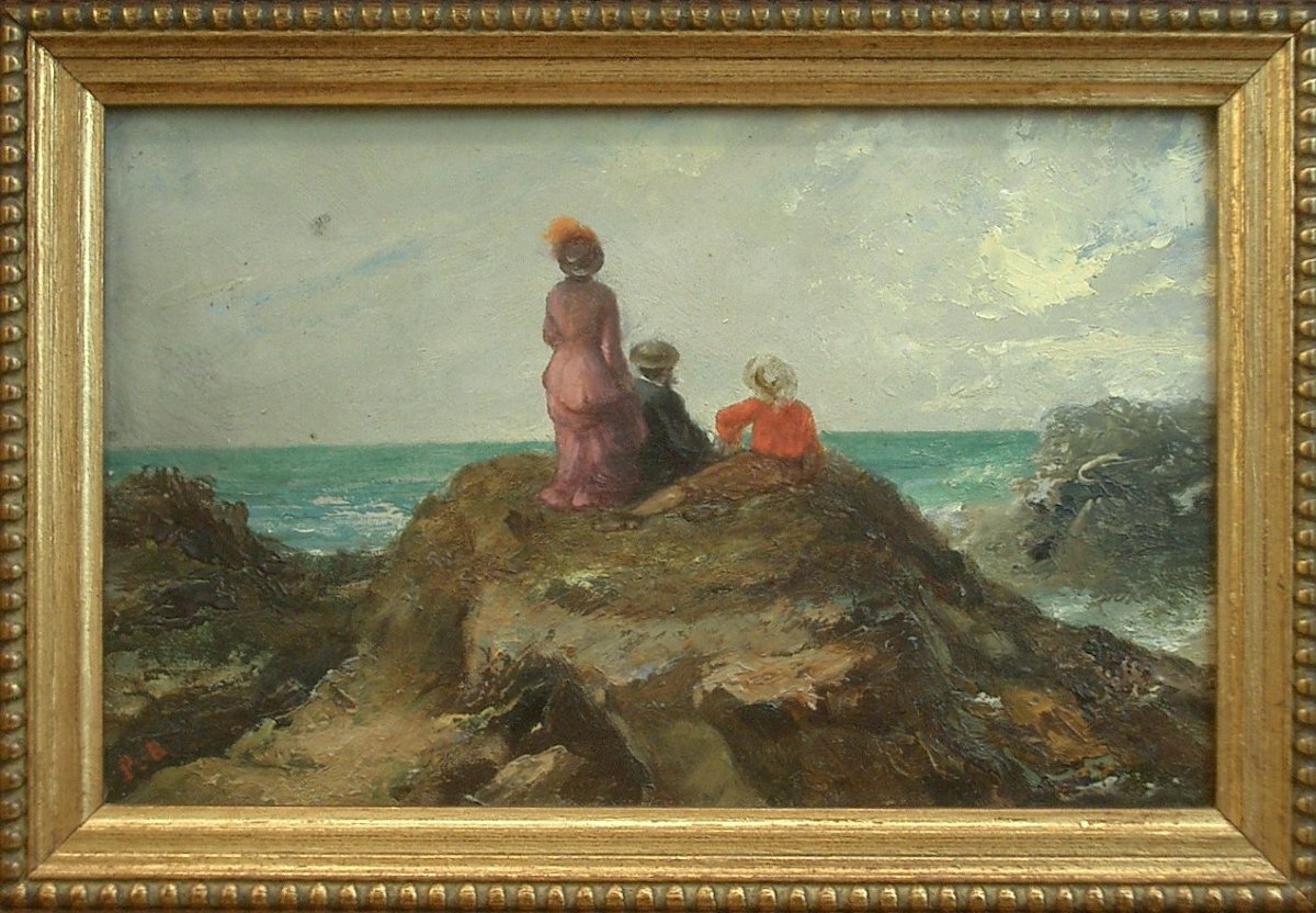 Peinture ancienne, huile sur panneau, fin du XIXe contemplation marine -photo-3