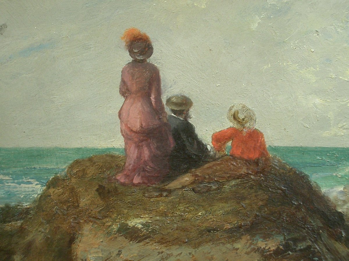 Peinture ancienne, huile sur panneau, fin du XIXe contemplation marine -photo-4