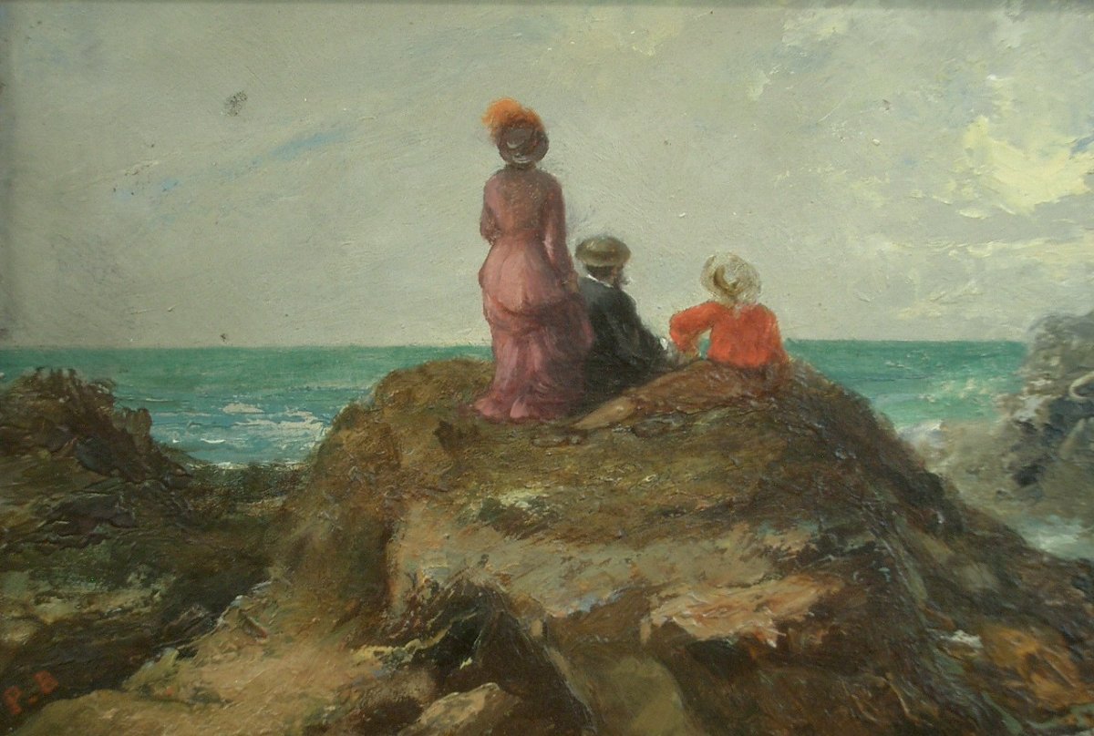 Peinture ancienne, huile sur panneau, fin du XIXe contemplation marine -photo-1