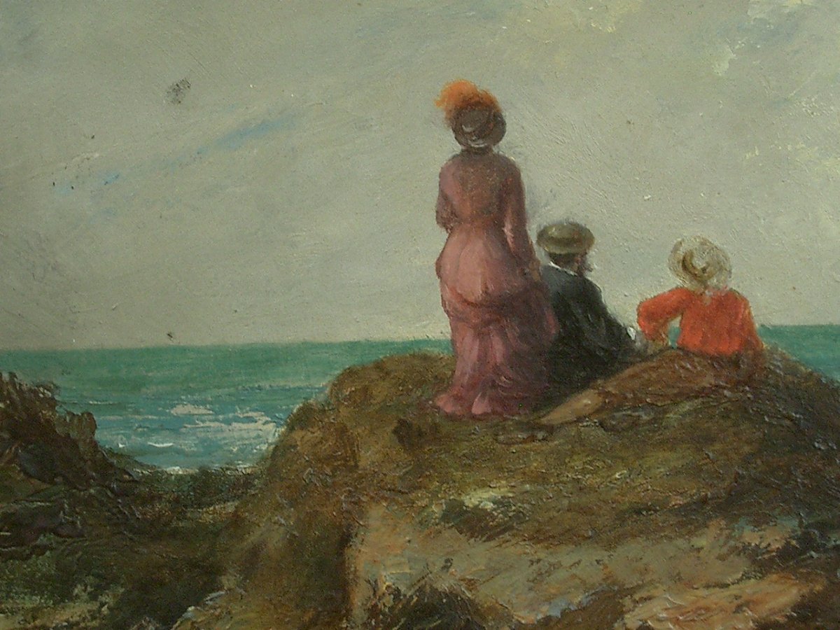 Peinture ancienne, huile sur panneau, fin du XIXe contemplation marine -photo-4