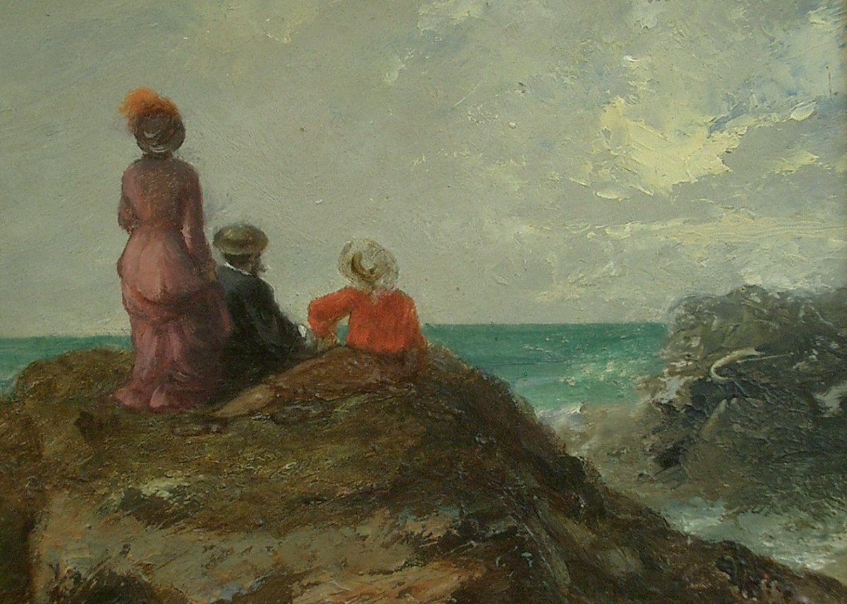 Peinture ancienne, huile sur panneau, fin du XIXe contemplation marine -photo-5