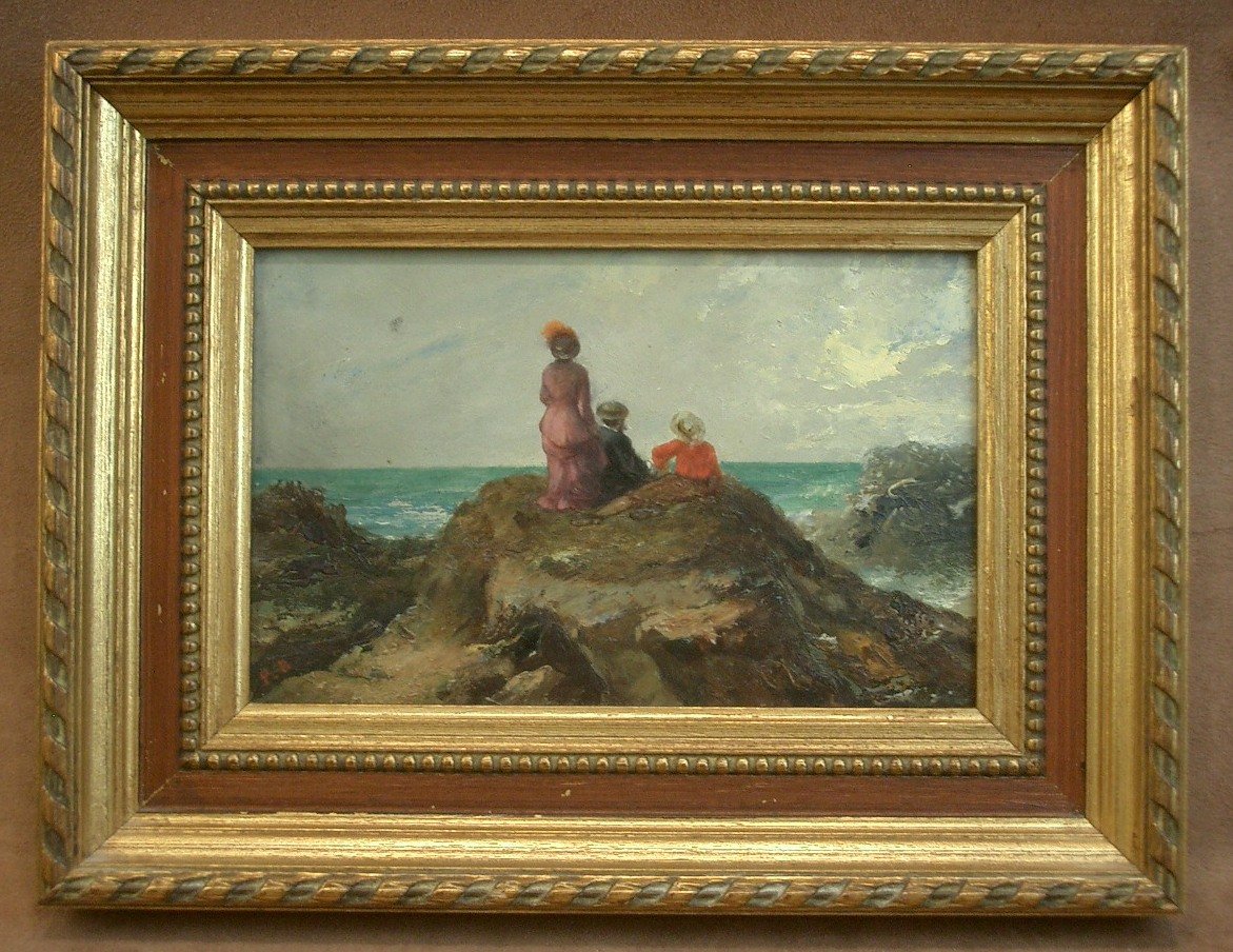 Peinture ancienne, huile sur panneau, fin du XIXe contemplation marine -photo-6