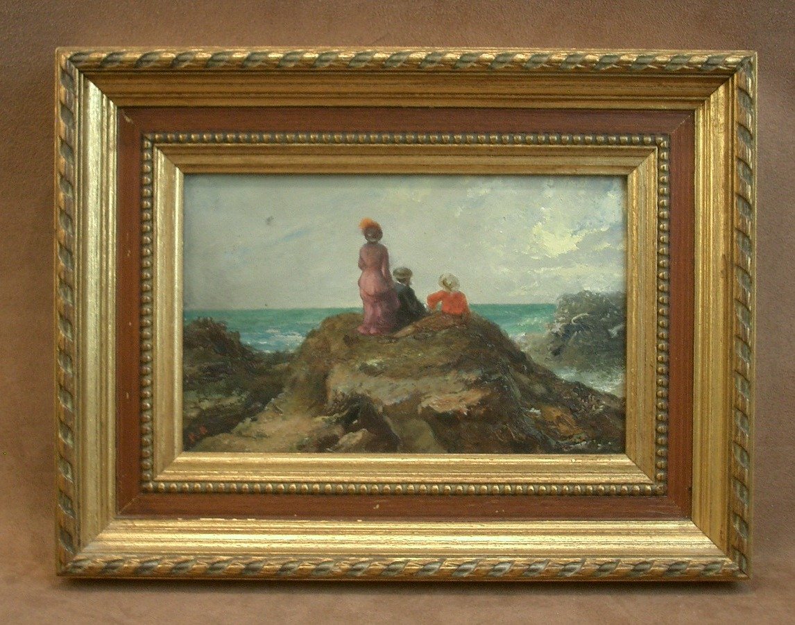 Peinture ancienne, huile sur panneau, fin du XIXe contemplation marine 