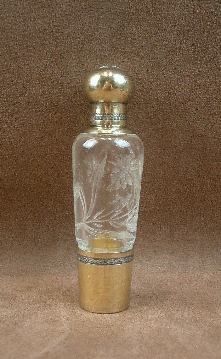 Flacon à liqueur de voyage en vermeil et cristal taillé Art Nouveau -photo-3