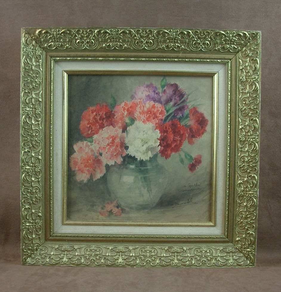 Aquarelle par Marcelle Bonnardel (1879 – 1966), école Lyonnaise, nature morte bouquet de fleurs-photo-2