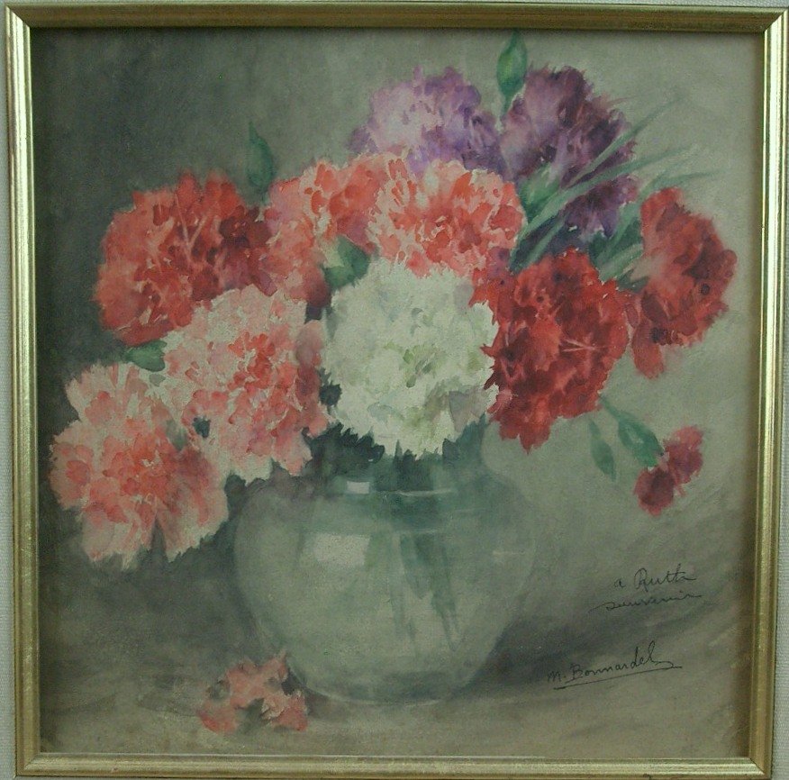 Aquarelle par Marcelle Bonnardel (1879 – 1966), école Lyonnaise, nature morte bouquet de fleurs-photo-3