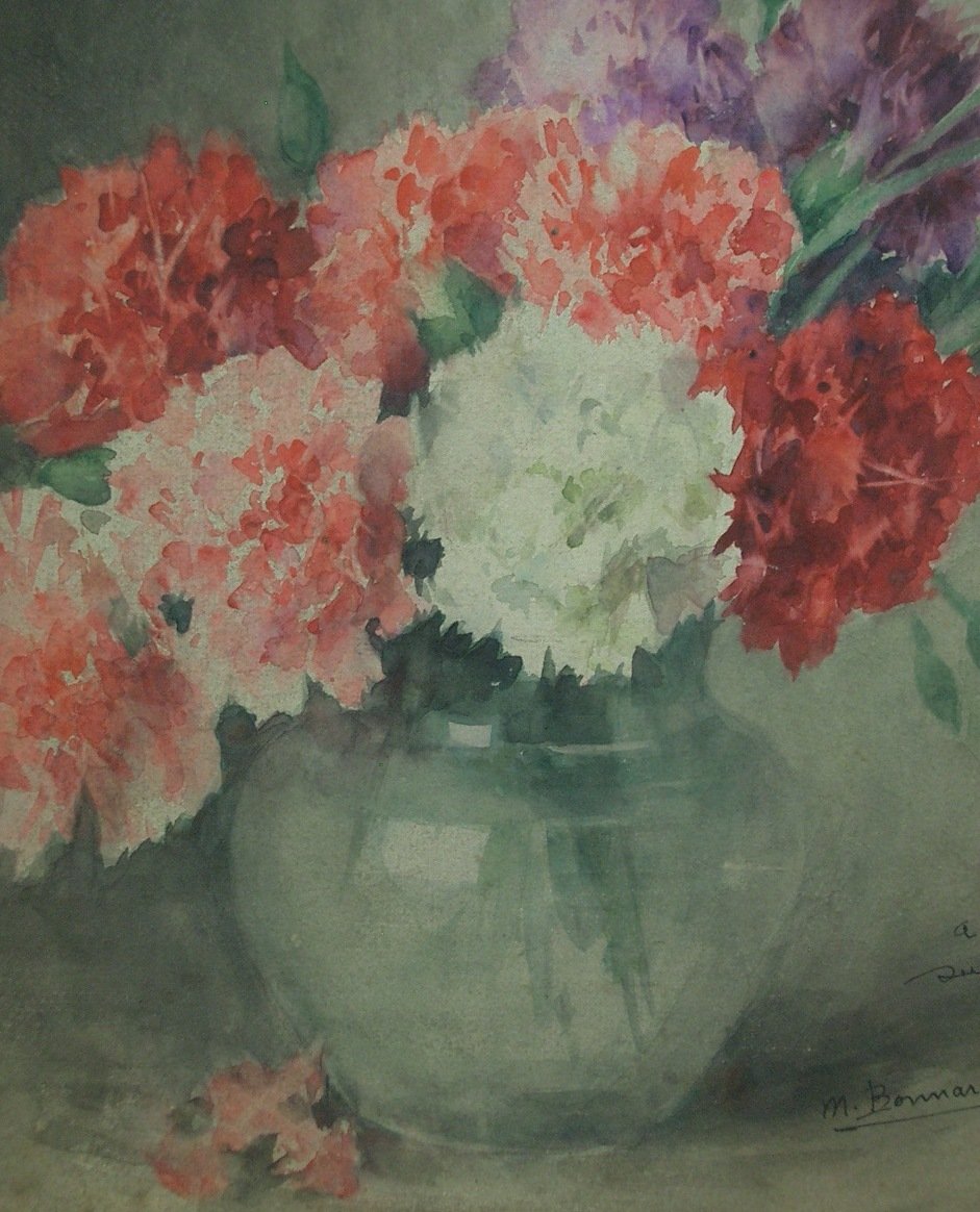 Aquarelle par Marcelle Bonnardel (1879 – 1966), école Lyonnaise, nature morte bouquet de fleurs-photo-4