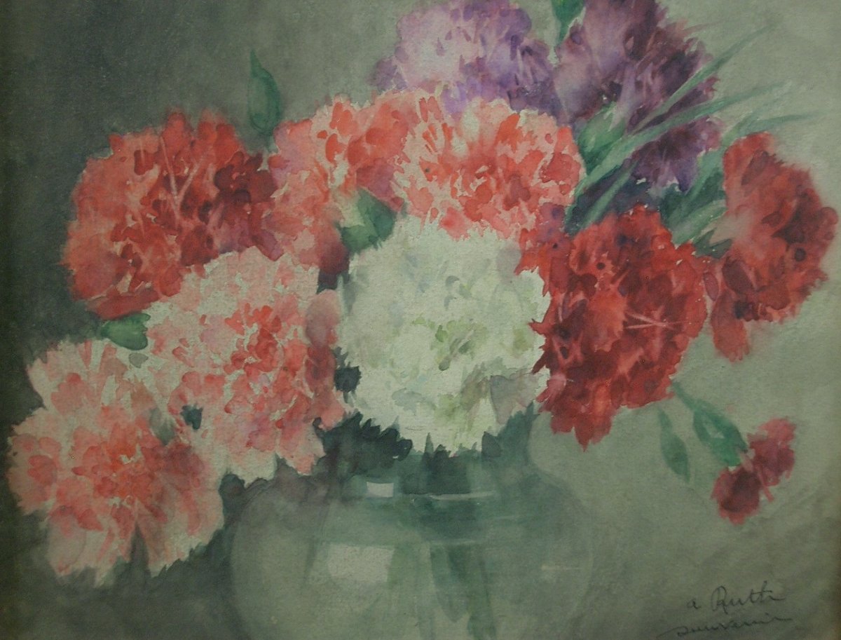 Aquarelle par Marcelle Bonnardel (1879 – 1966), école Lyonnaise, nature morte bouquet de fleurs-photo-1