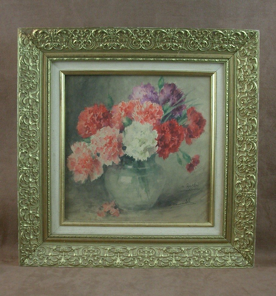 Aquarelle par Marcelle Bonnardel (1879 – 1966), école Lyonnaise, nature morte bouquet de fleurs