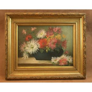Oil On Canvas Painting Still Life With Bouquet Of Dahlias, Late 19th, Early 20th Century