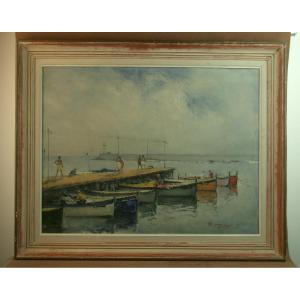 Peinture Huile Sur Toile, Port Breton Signée Georges Guinegault 1893-1983