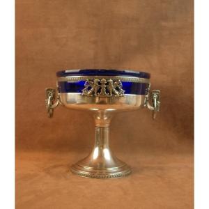 Coupe centre de table en  métal argenté et verrine bleue Orfèvre Roux Marquiand 