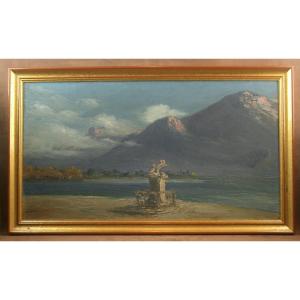 Huile sur panneau, paysage de montagne Lac d' Annecy par Emile Veron 1881-1931