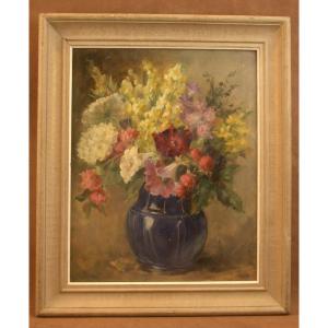 Peinture, Huile sur carton par Marcelle Bonnardel , école Lyonnaise, nature morte aux fleurs