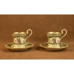 Deux tasses à café en porcelaine de Limoges, Raynaud, Promenade Au Palais Royal 