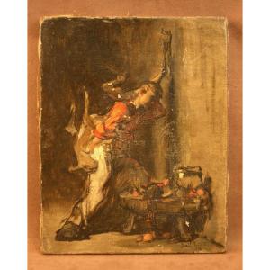 19th-century Oil On Canvas, Chiaroscuro, The Little Cook By Joseph Bail 1862-1921 