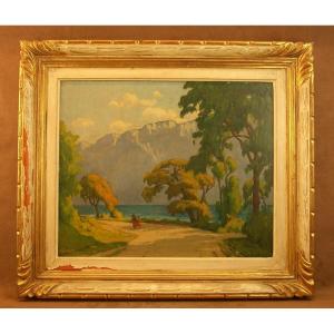 Peinture Huile Lac d'Aiguebelette signée Eugénie CARON-BERGER (1883-1963) 
