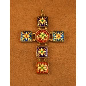 Ancien pendentif croix en vermeil et émaux bressans 