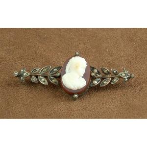 Antique Brooch In Solid Silver With Cameo On Agate And Fine Pearls, 19th Century