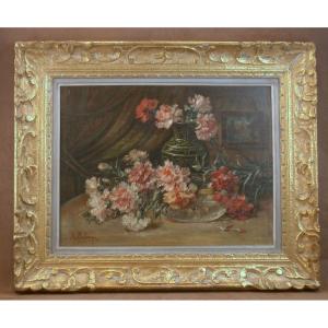 Painting Oil On Canvas, Still Life With Carnations By André Bellemain 1860-1940