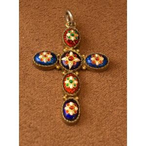 Antique Cross Pendant In Sterling Silver And Bresse Enamel