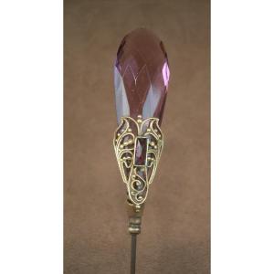 Art Nouveau Purplish Glass Hatpin With Gilded Metal Butterfly Motif