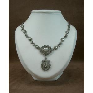 Antique Silver Necklace With Rhinestones And Mother-of-pearl, 19th Century