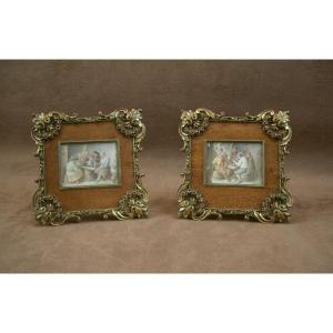 Paire de peintures miniatures, scène de Taverne école Flamande, fin du XIXe siècle