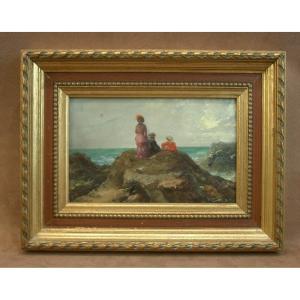 Peinture ancienne, huile sur panneau, fin du XIXe contemplation marine