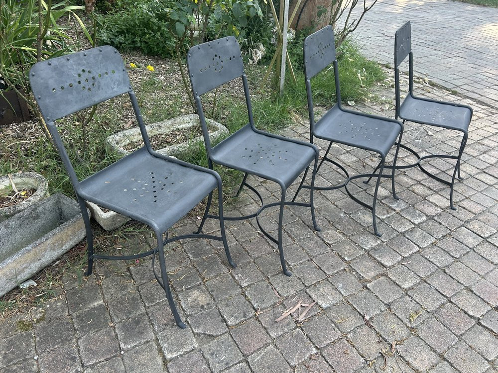Set Of 4 Riveted Metal Chairs 1920/30-photo-4