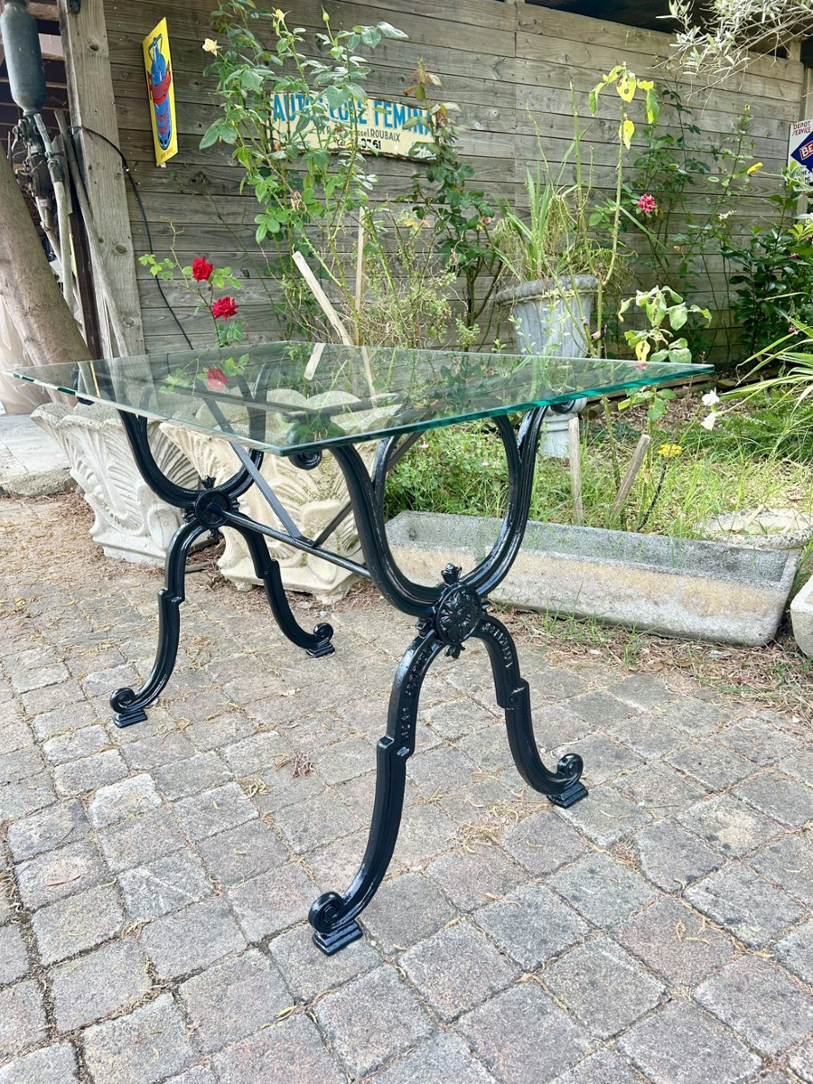 Table bistrot piètement fonte 1950 plateau verre