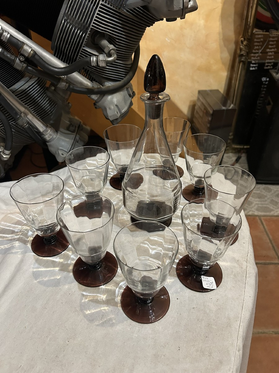Set Of 9 Art Deco Wine Glasses And Carafe 