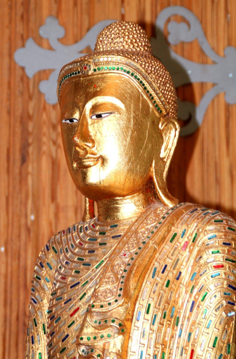 Grand Bouddha En Bois Doré-photo-3