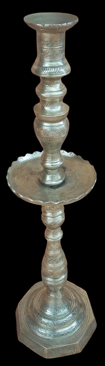 Large Antique Ottoman Chandelier In Solid Bronze / Chiseled Brass - 73 Cm / 7 Kg-photo-2