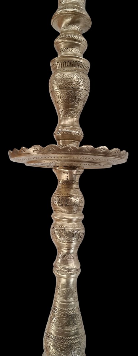 Large Antique Ottoman Chandelier In Solid Bronze / Chiseled Brass - 73 Cm / 7 Kg-photo-3