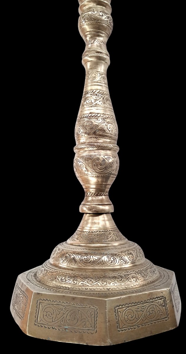Large Antique Ottoman Chandelier In Solid Bronze / Chiseled Brass - 73 Cm / 7 Kg-photo-4