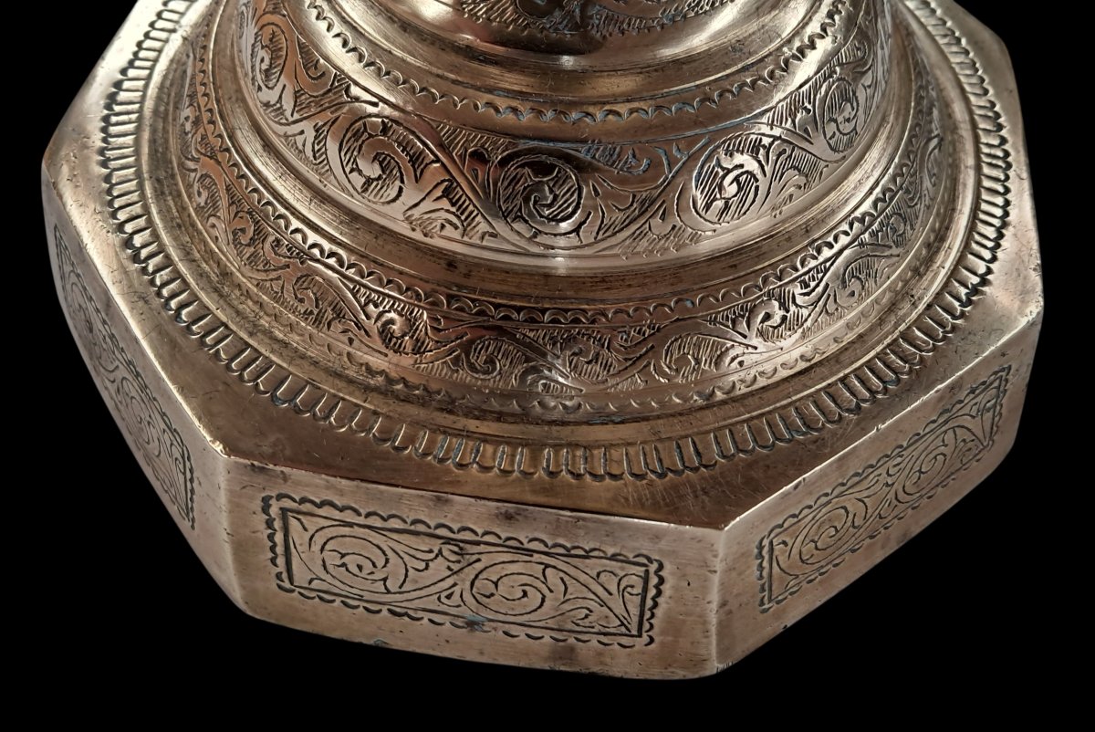 Large Antique Ottoman Chandelier In Solid Bronze / Chiseled Brass - 73 Cm / 7 Kg-photo-2