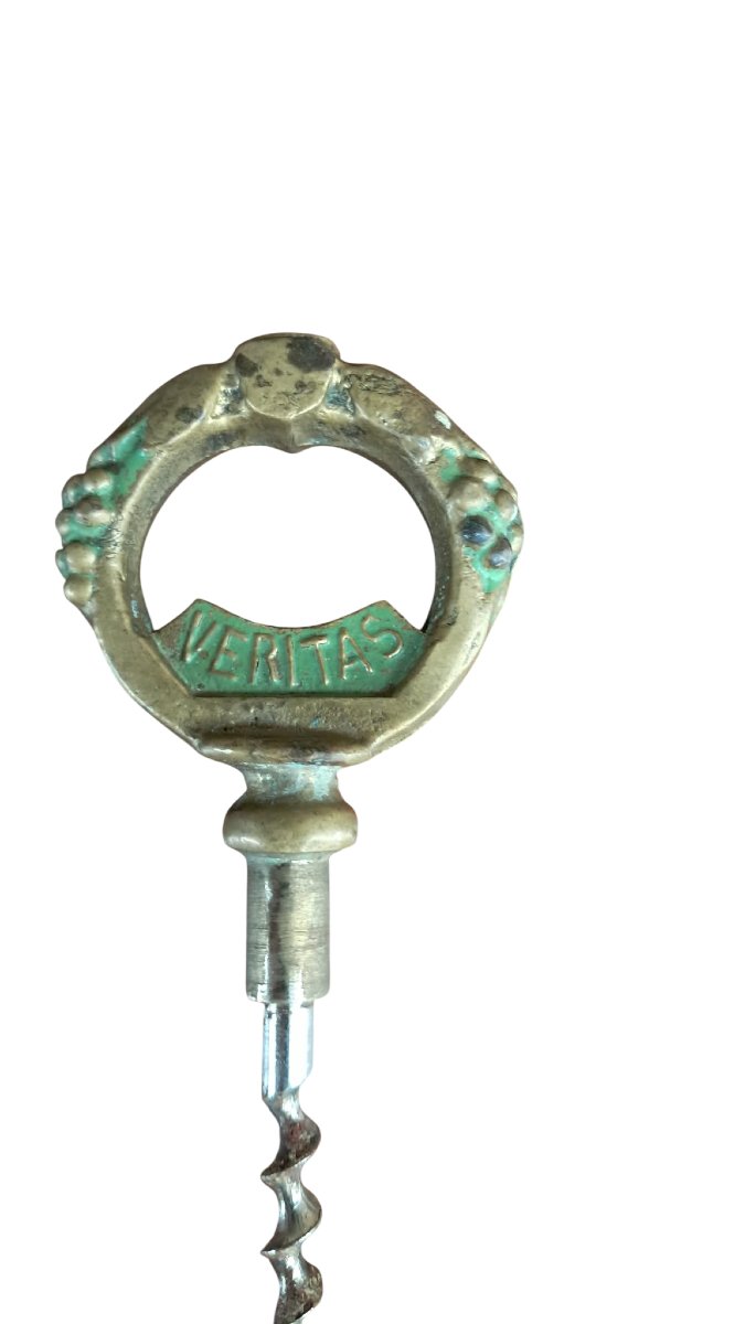Vintage Brass Corkscrew - Old-fashioned Key Shape "in Vino Veritas" (1950s–1970s)-photo-4