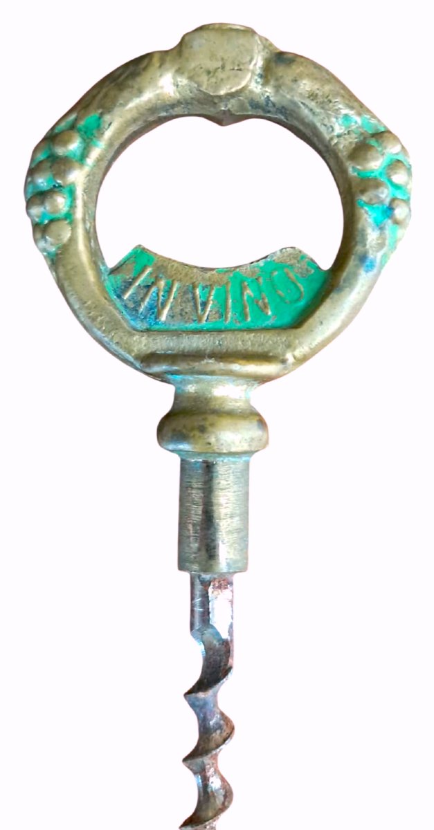 Vintage Brass Corkscrew - Old-fashioned Key Shape "in Vino Veritas" (1950s–1970s)-photo-1